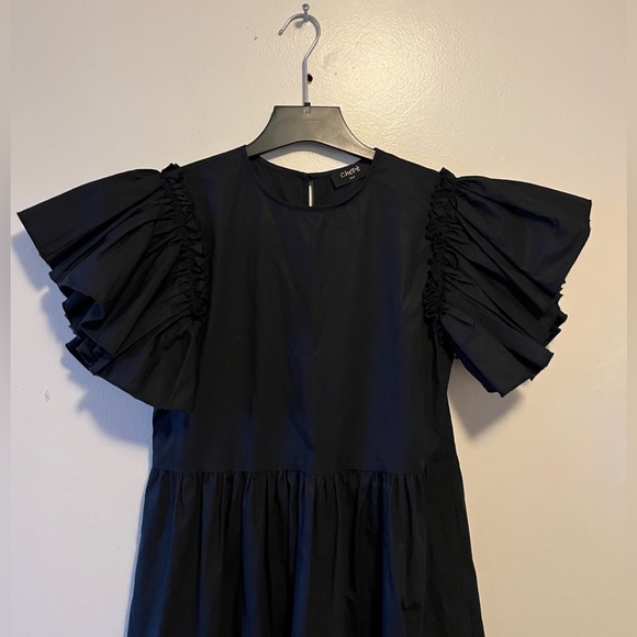 Chepé Made In Italy Black 100% Poplin Cotton Puff Sleeve Black Midi Dress Sz XS - Picture 6 of 14